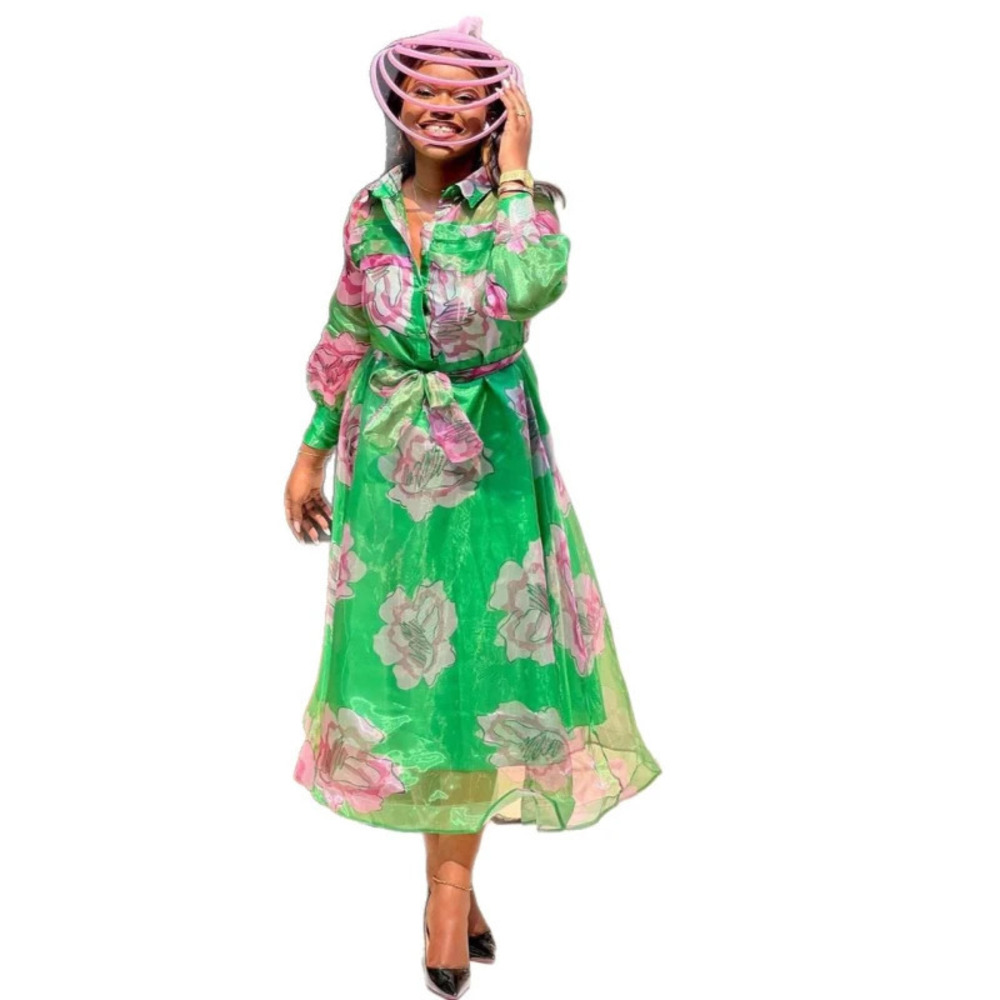 ZARA Stylish Fit Tie Waist Printed Dress and African Sheer Blouse Set - Picture 4 of 6